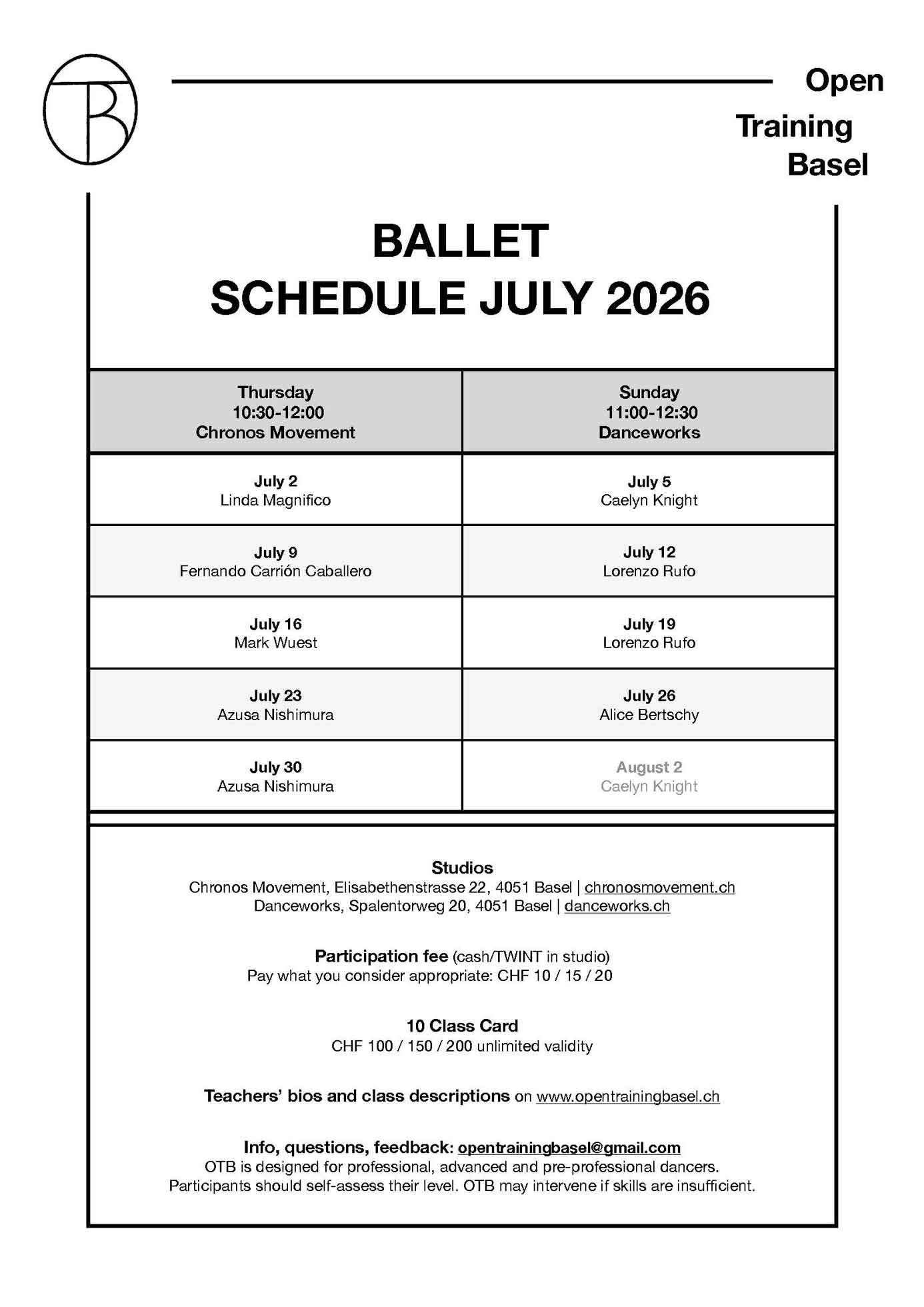 Profitraining Schedule